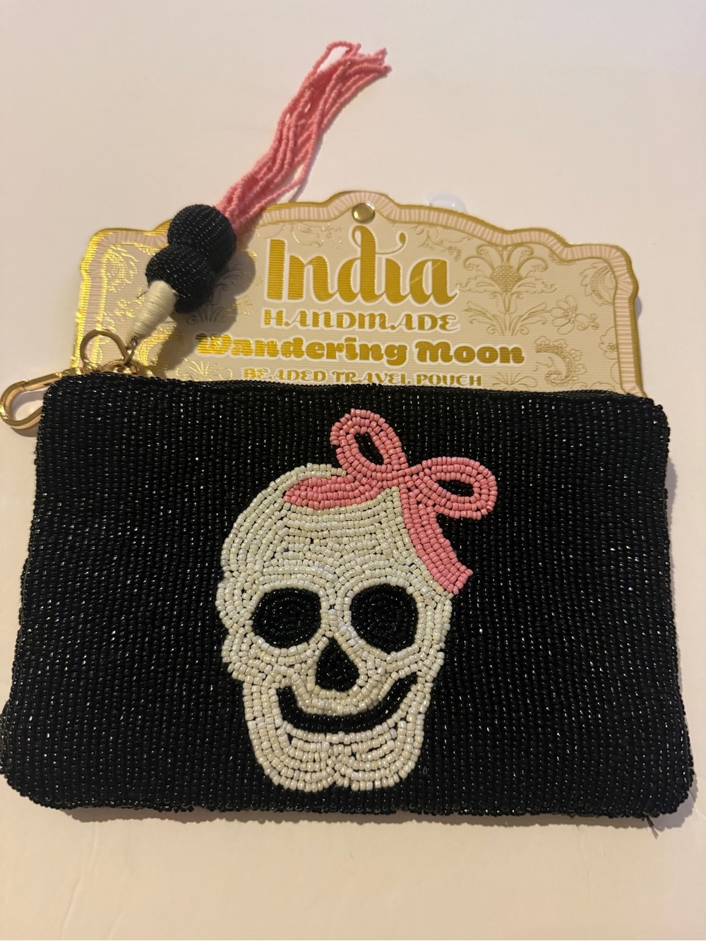 NWT Wandering Moon Handmade Beaded Skull Travel Pouch, Black & White with Pink B